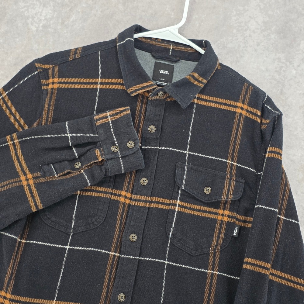 Vans Plaid Flannel Button Down Shirt Mens Large Tailored Fit Black Orange